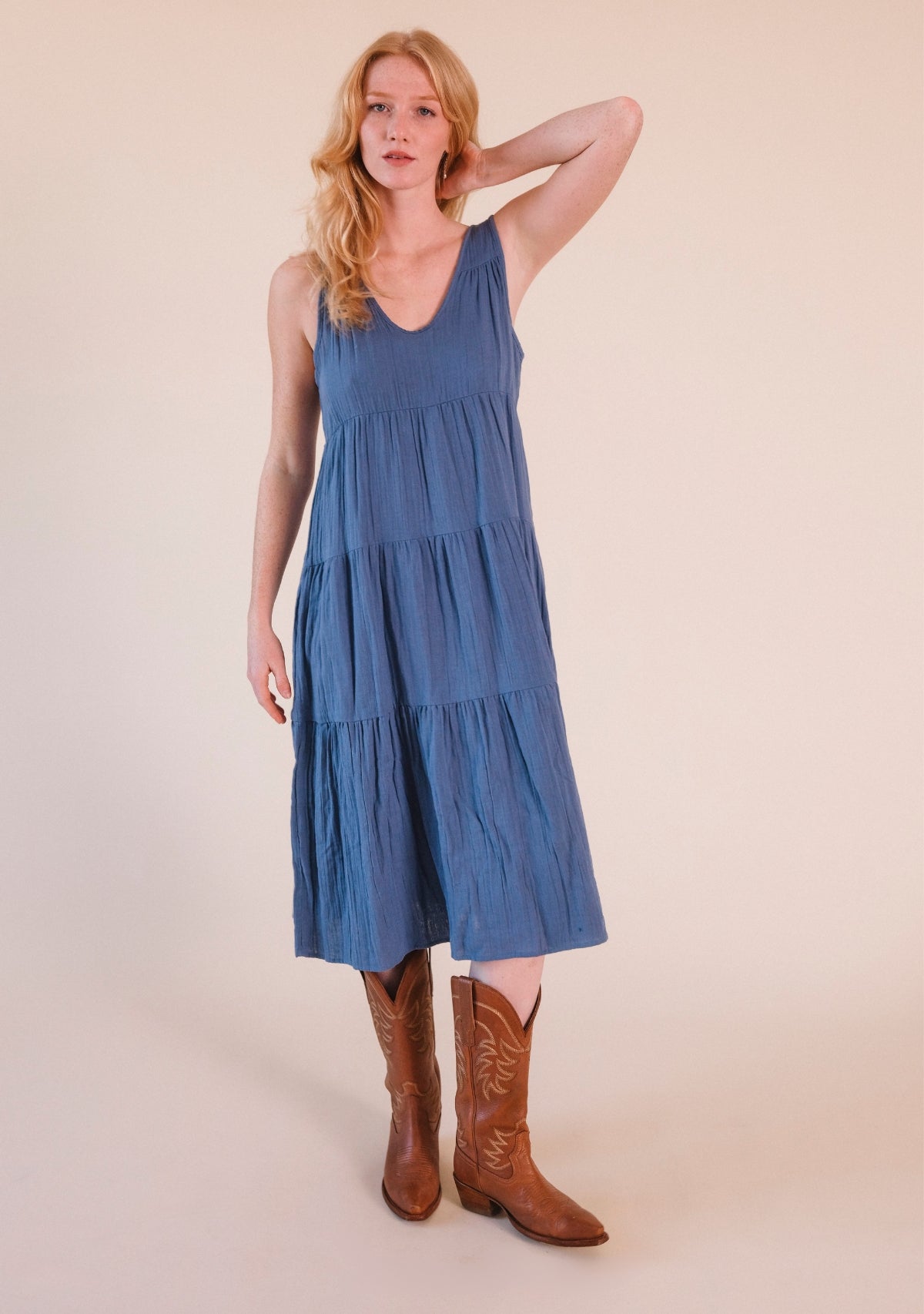 tiered organic cotton gauze blue dress women sizes XS-3X