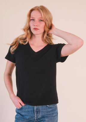 Women's Classic Black Organic Cotton and Tencel ™ V-neck Tee Plus Size / Sizes XS - 3X / Extended Sizing