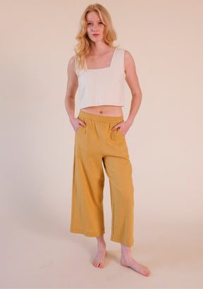 women's size-inclusive wide leg cropped linen pant in color gold size XS-3X 