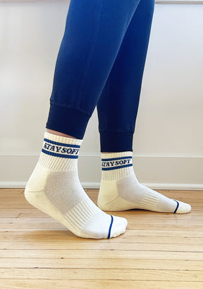 Women's Organic Cotton Athletic Ribbed Stripe Socks Quarter Crew Socks Navy