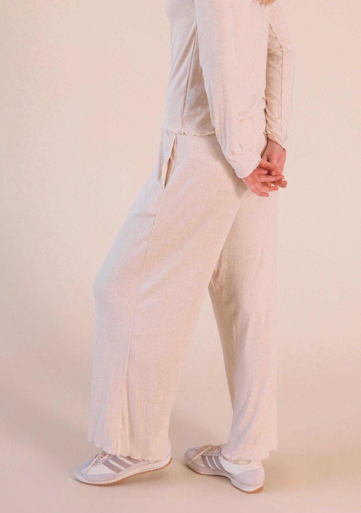 Ultra-silky ribbed modal lounge pant women size XS-3X in color Heather Almond / Beige / Extended Size / Plus Size