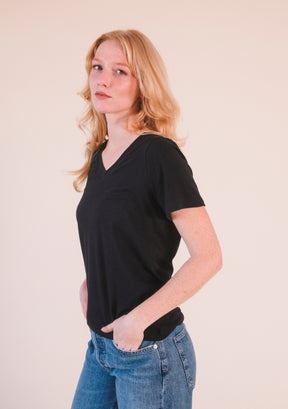 Women's Classic Black Organic Cotton and Tencel ™ V-neck Tee Plus Size / Sizes XS - 3X / Extended Sizing