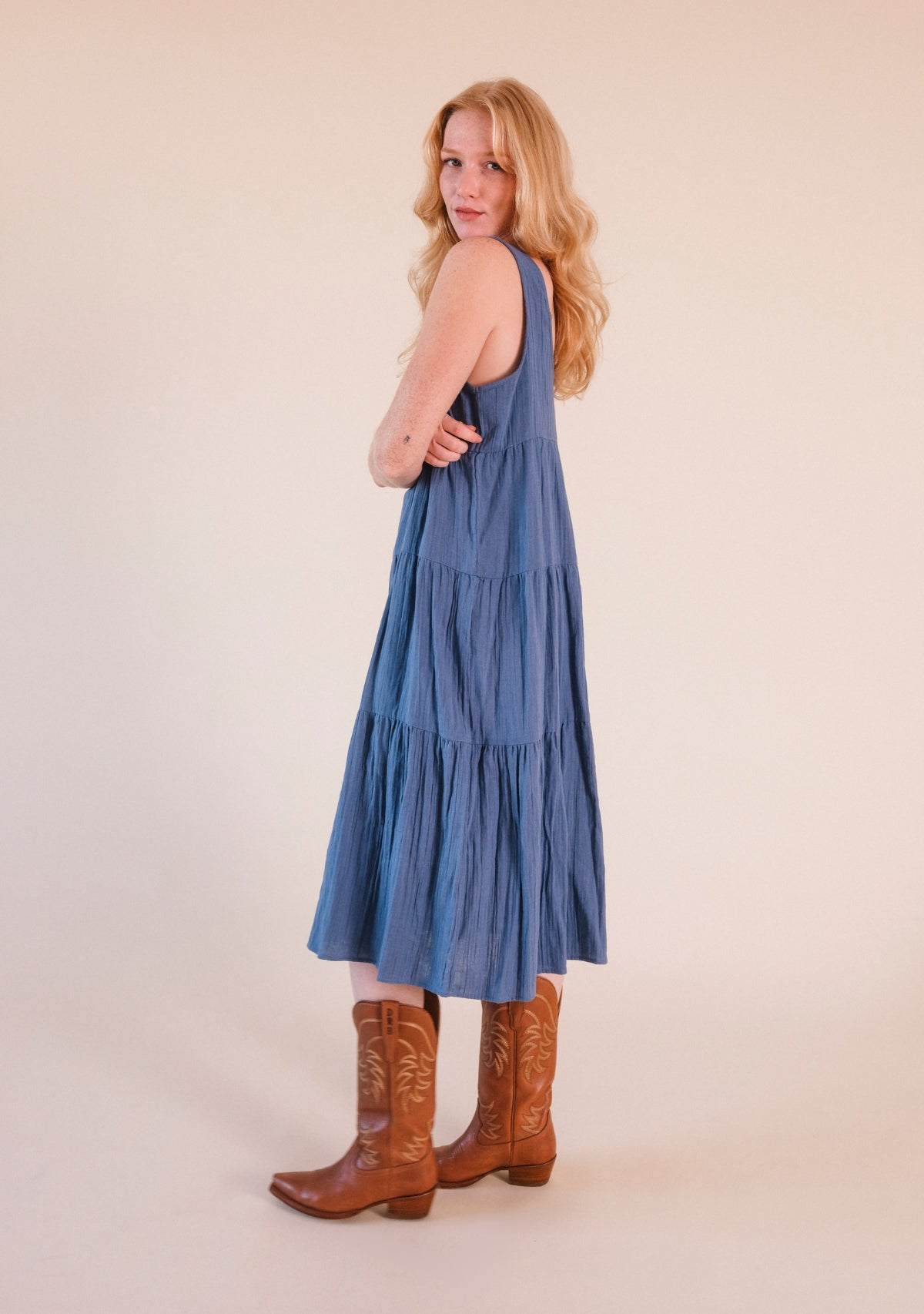 tiered organic cotton gauze blue dress women sizes XS-3X