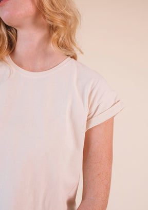 Women's Hemp Tee in the rich color Pecan is made from a blend of Hemp and Organic Cotton Jersey sizex XS-3X Made in America Sustainable Women's Tee color Natural 