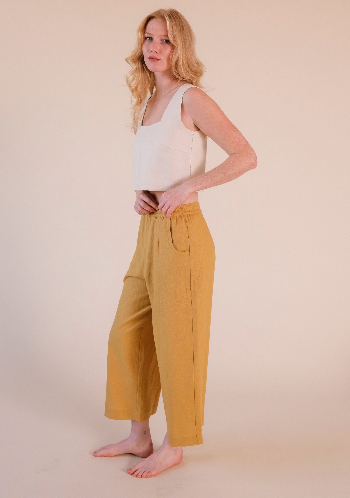 women's size-inclusive wide leg cropped linen pant in color gold size XS-3X 