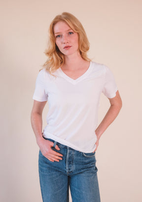 Women's White Organic Cotton and Tencel ™ V-neck Tee Plus Size / Sizes XS - 3X / Extended Sizing