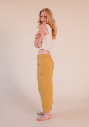 women's size-inclusive wide leg cropped linen pant in color gold size XS-3X 