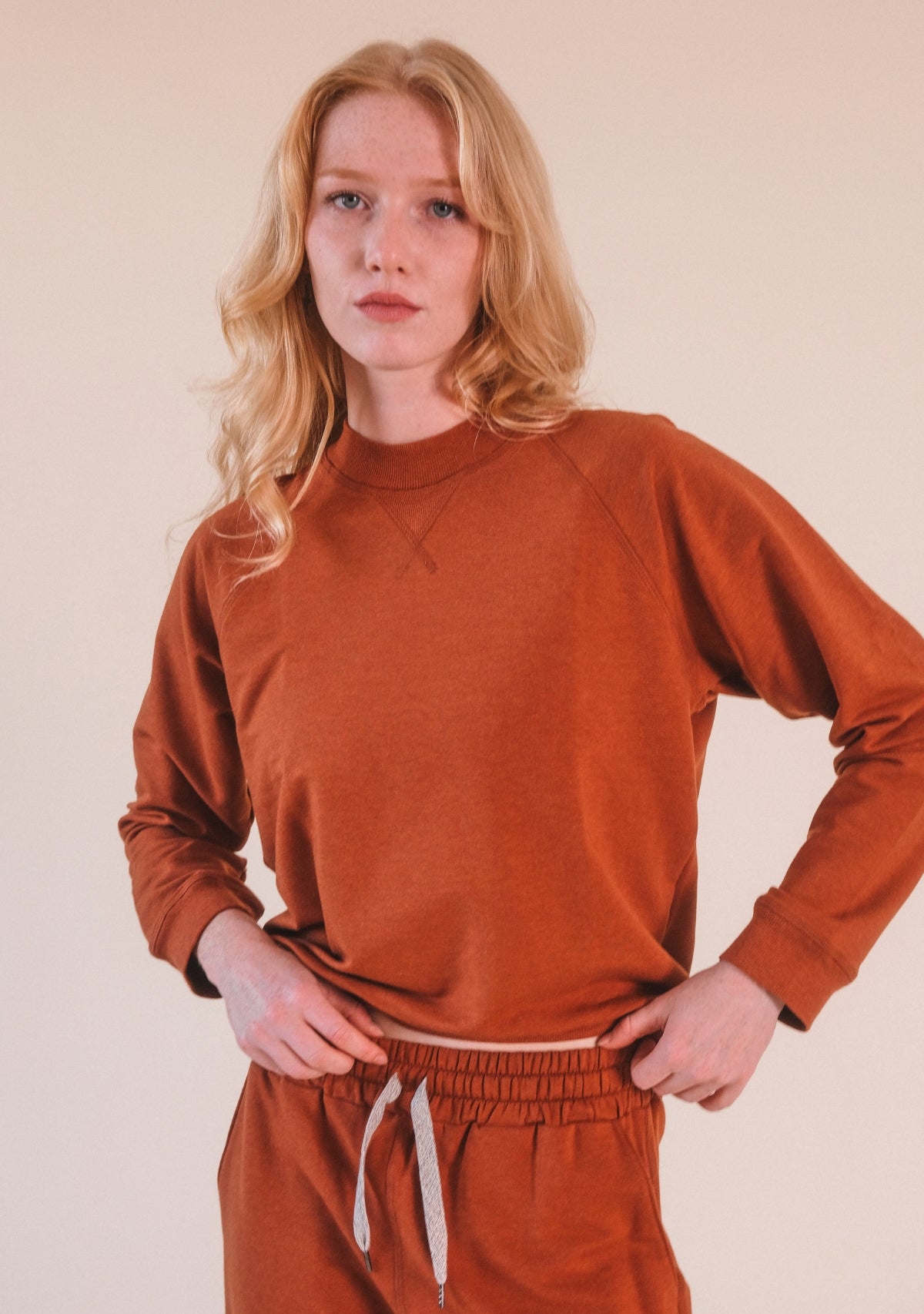 women's organic cotton and tencel raglan sweatshirt sizes xs-3x color rust