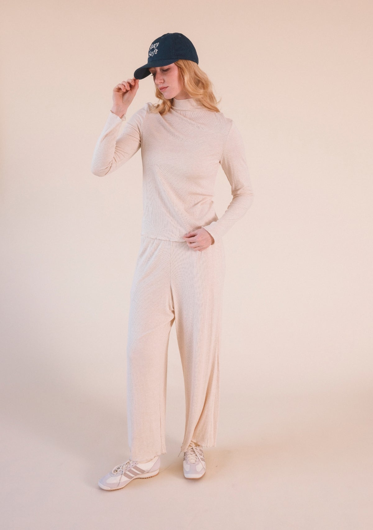 Ultra-silky ribbed modal lounge pant women size XS-3X in color Heather Almond / Beige / Extended Size / Plus Size