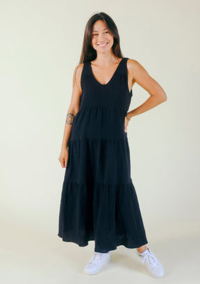 Teresa Tiered Tank Dress color Black, made from premium Organic Cotton Double Gauze offered in sizes XS-3X. Sundress