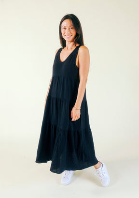 Teresa Tiered Tank Dress color Black, made from premium Organic Cotton Double Gauze offered in sizes XS-3X. Sundress