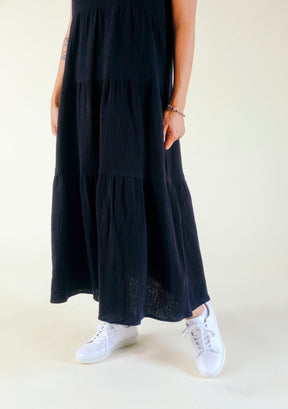 Teresa Tiered Tank Dress color Black, made from premium Organic Cotton Double Gauze offered in sizes XS-3X