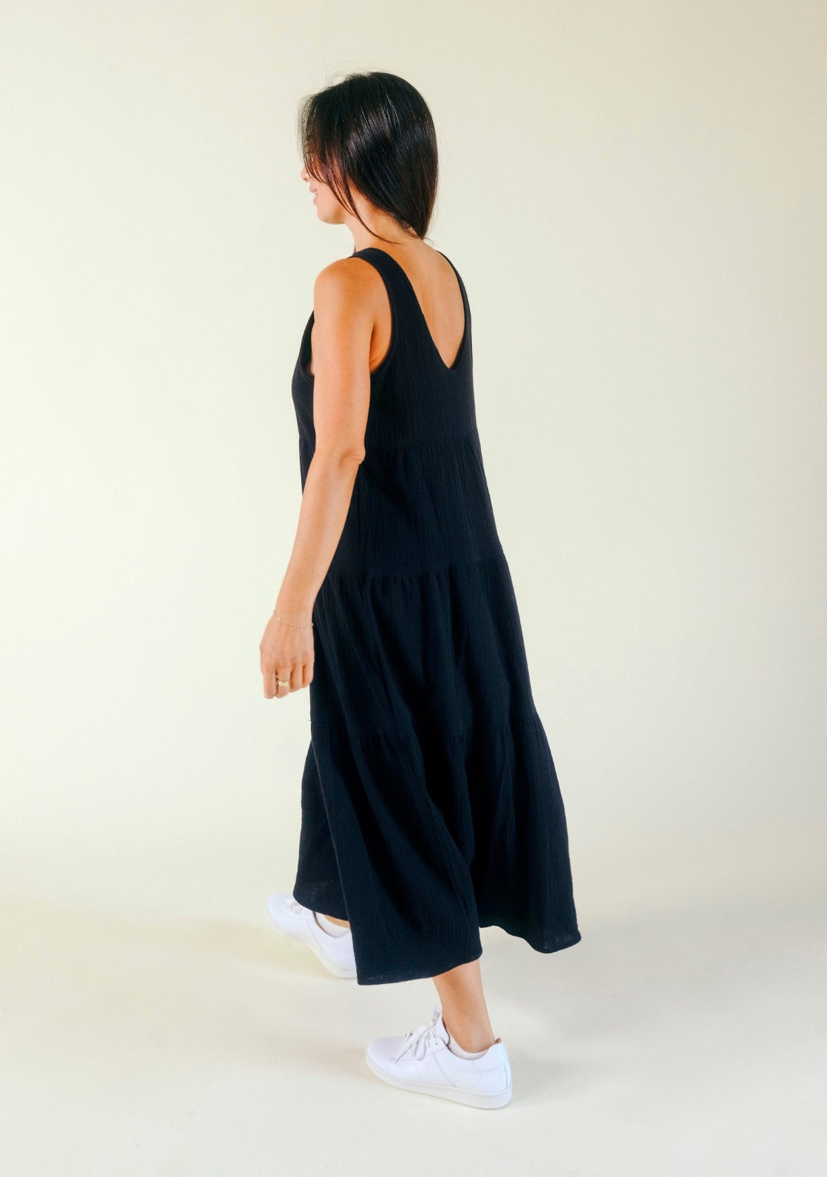 Teresa Tiered Tank Dress color Black, made from premium Organic Cotton Double Gauze offered in sizes XS-3X