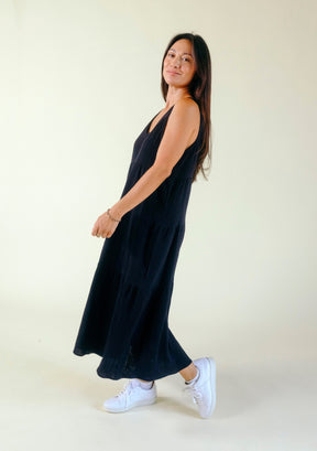 Teresa Tiered Tank Dress color Black, made from premium Organic Cotton Double Gauze offered in sizes XS-3X. Sundress