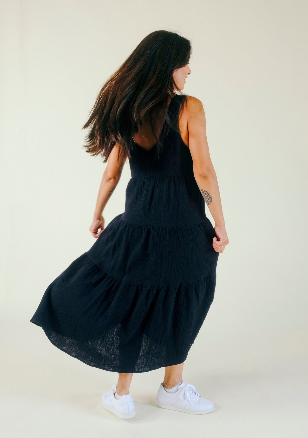 Teresa Tiered Tank Dress color Black, made from premium Organic Cotton Double Gauze offered in sizes XS-3X