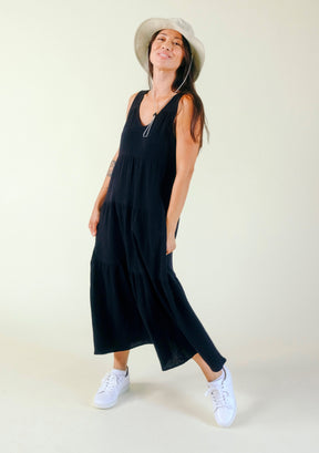 Teresa Tiered Tank Dress color Black, made from premium Organic Cotton Double Gauze offered in sizes XS-3X